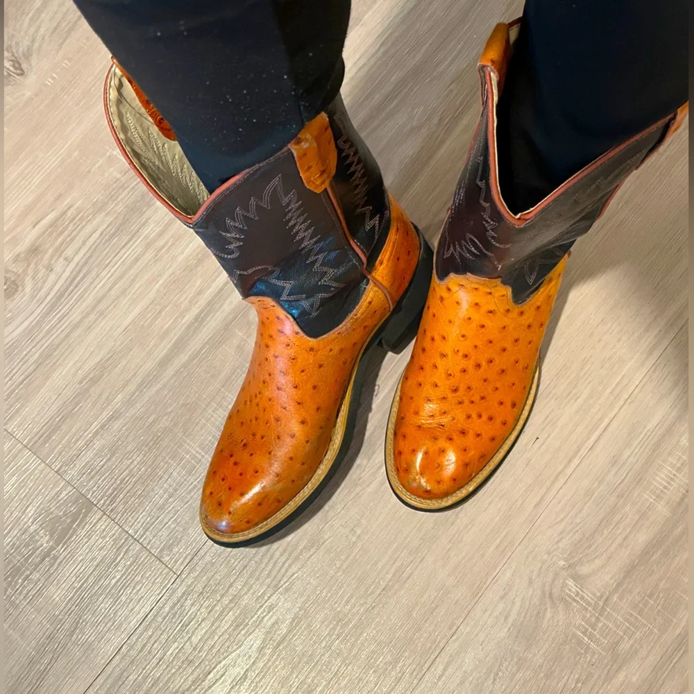 Vintage Old West Ostrich Embossed Leather Black British Tan Unisex Cowboy Boots